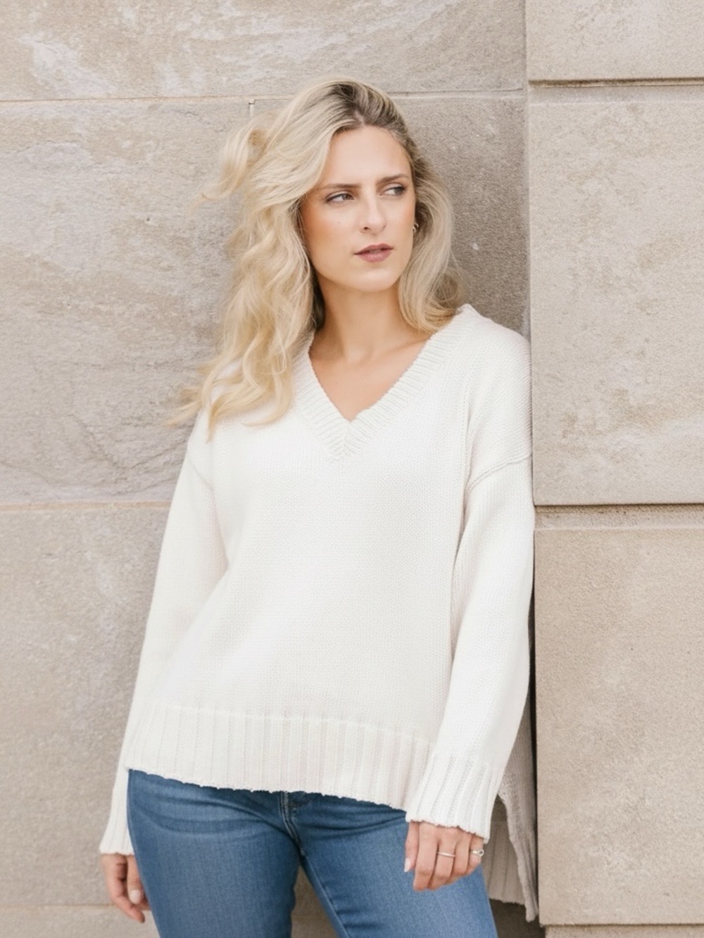 Shannon Passero Cream Heavy Knit Relaxed Fit VNeck Sweater One Size